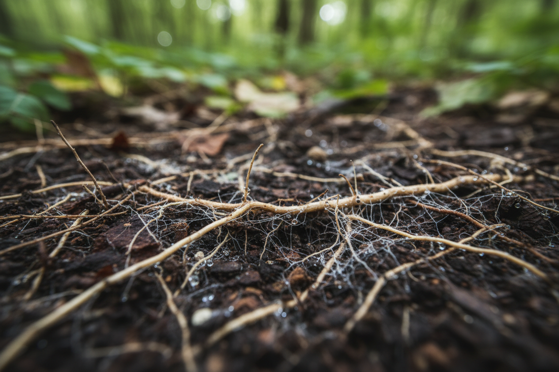 Suelo vivo con raíces y micelio: hábitat natural de las arqueas y microorganismos del suelo