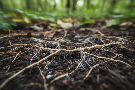 Suelo vivo con raíces y micelio: hábitat natural de las arqueas y microorganismos del suelo